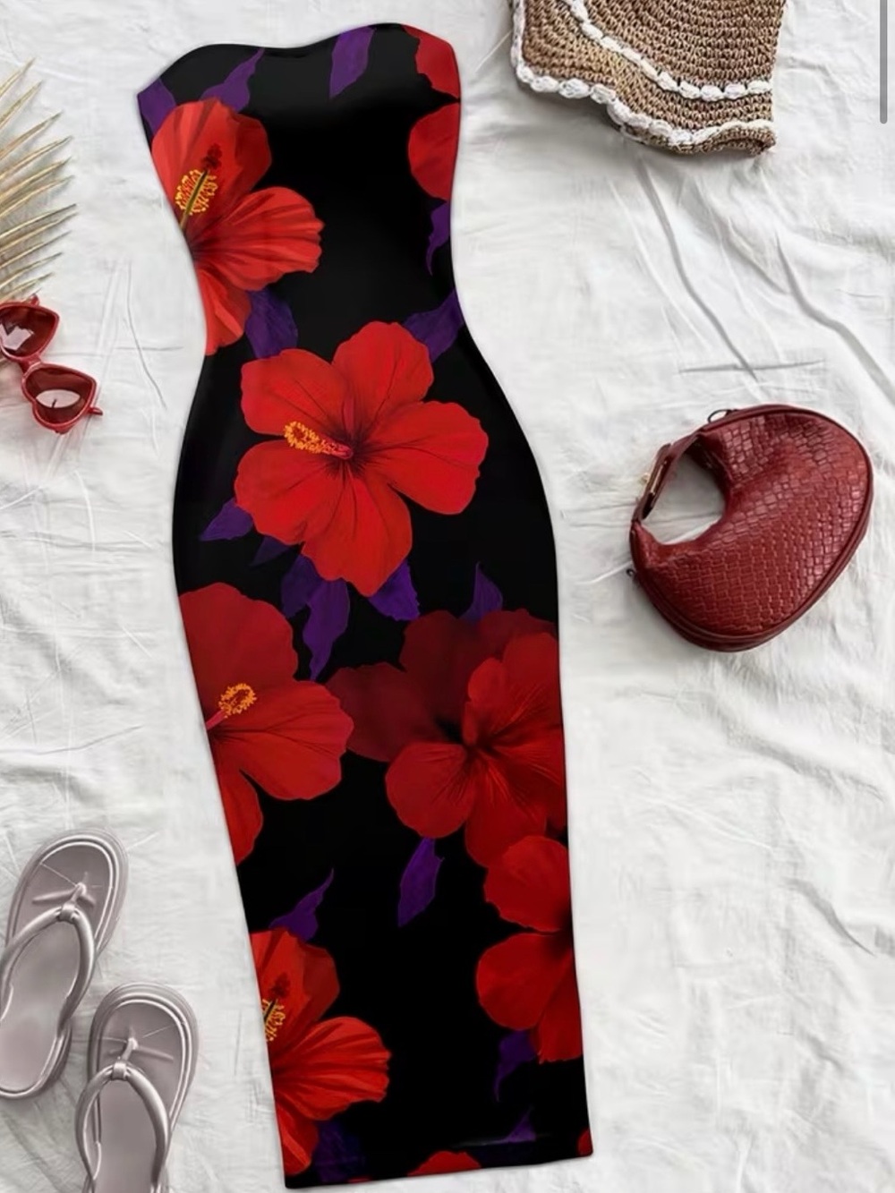 Strapless Black Dress with Red Floral Print